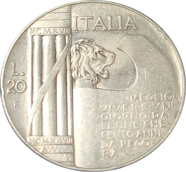 20 Lire - 1928 - Italy - Victor Emmanuel III (10 year Anniversary of End of World War 1) Silver .600