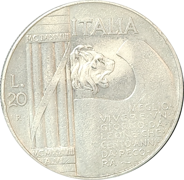 20 Lire - 1928 - Italy - Victor Emmanuel III (10 year Anniversary of End of World War 1) Silver .600