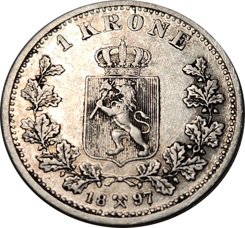 1 (ONE) KRONE - 1897 - King Oscar II  - Norway -  VERY RARE ! (Mintage of only 250 000)