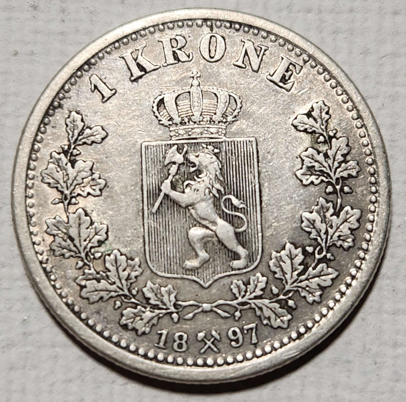 1 (ONE) KRONE - 1897 - King Oscar II  - Norway -  VERY RARE ! (Mintage of only 250 000)