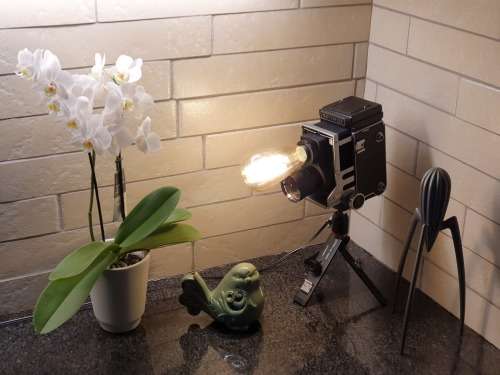 Gorgeous Vintage Mamiyaflex Lamp with Vintage Style Globe and Small Tripod Stand **Very Unique**
