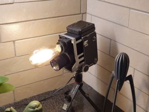 Gorgeous Vintage Mamiyaflex Lamp with Vintage Style Globe and Small Tripod Stand **Very Unique**