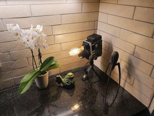 Gorgeous Vintage Mamiyaflex Lamp with Vintage Style Globe and Small Tripod Stand **Very Unique**