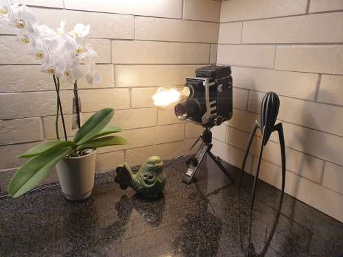 Gorgeous Vintage Mamiyaflex Lamp with Vintage Style Globe and Small Tripod Stand **Very Unique**