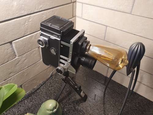 Gorgeous Vintage Mamiyaflex Lamp with Vintage Style Globe and Small Tripod Stand **Very Unique**