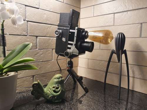 Gorgeous Vintage Mamiyaflex Lamp with Vintage Style Globe and Small Tripod Stand **Very Unique**