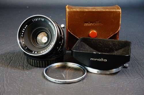 Minolta W Rokkor QE 35mm F4 Lens With Original Hood in Minolta MD SR Mount  **Excellent Condition**