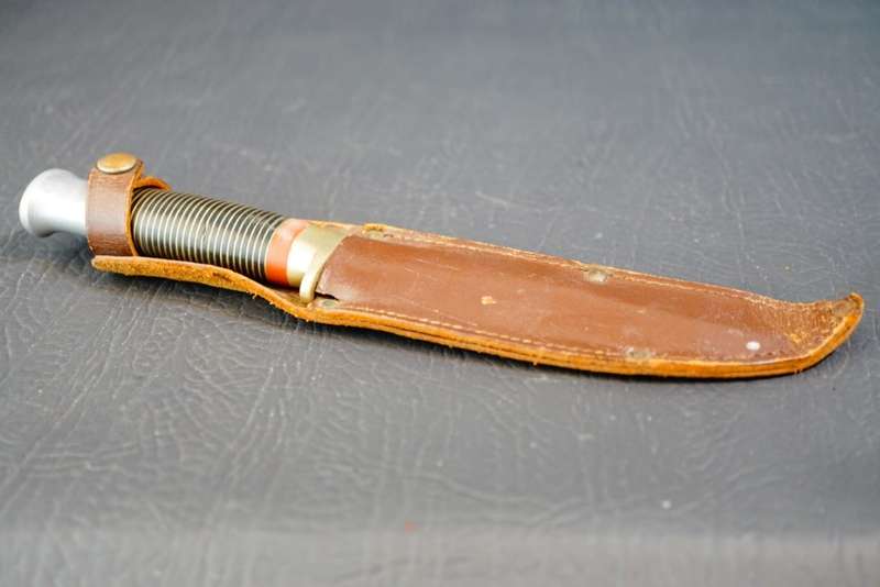 William Rodgers Sheffield I Cut My Way Knife with Leather and Brass Handle **Good Condition**