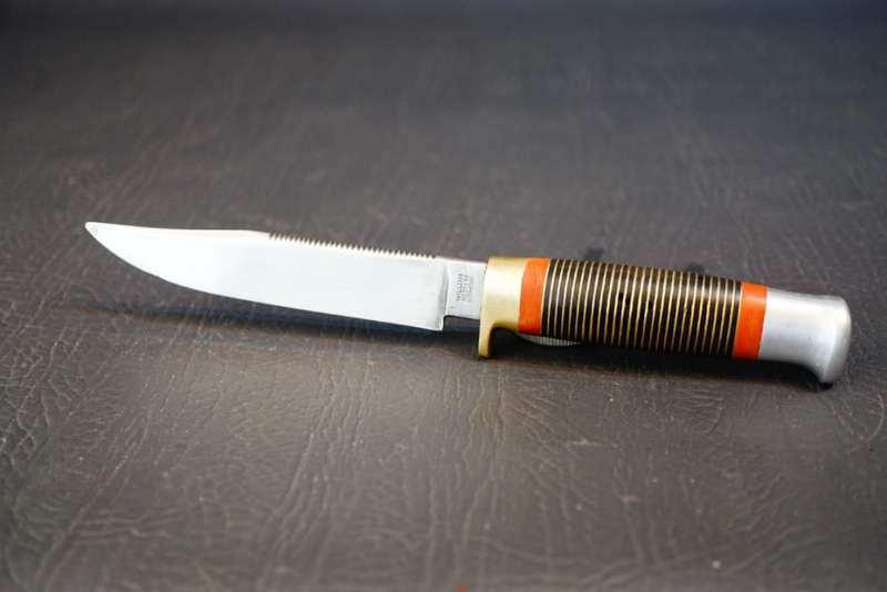 William Rodgers Sheffield I Cut My Way Knife with Leather and Brass Handle **Good Condition**