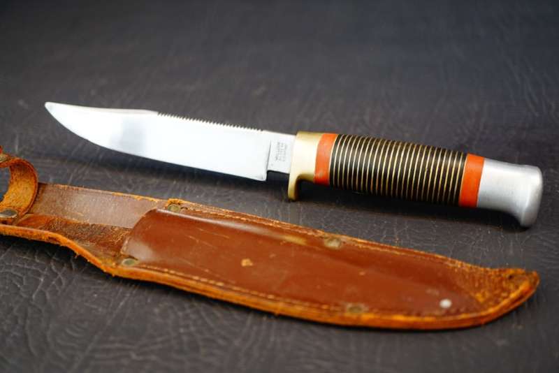 William Rodgers Sheffield I Cut My Way Knife with Leather and Brass Handle **Good Condition**