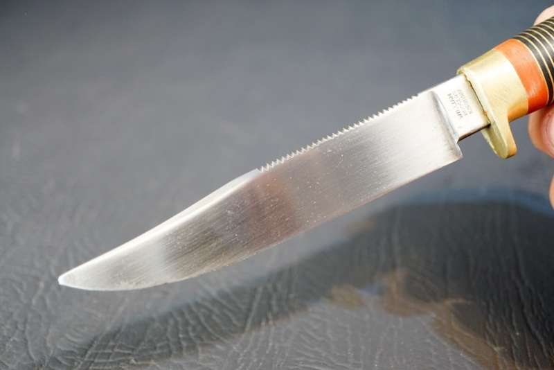 William Rodgers Sheffield I Cut My Way Knife with Leather and Brass Handle **Good Condition**