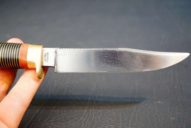 William Rodgers Sheffield I Cut My Way Knife with Leather and Brass Handle **Good Condition**
