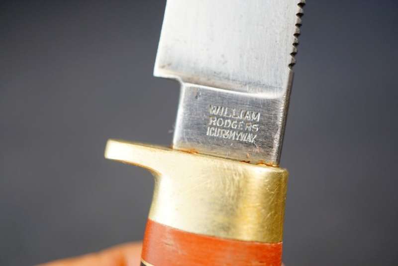 William Rodgers Sheffield I Cut My Way Knife with Leather and Brass Handle **Good Condition**
