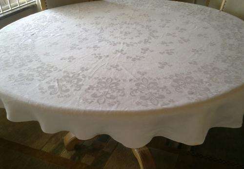 Large round vintage Damask tablecloth with fleur de lis and shamrocks