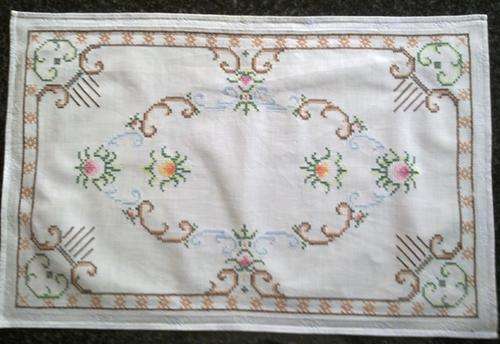 Petit-point cross stitch vintage tray cloth