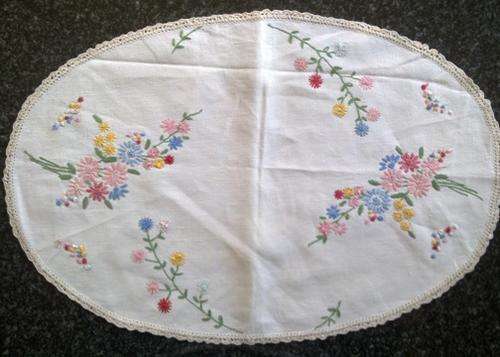 Oval linen hand embroidered tray cloth