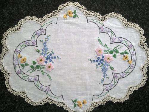 Unusual vintage hand embroidered linen tray cloth