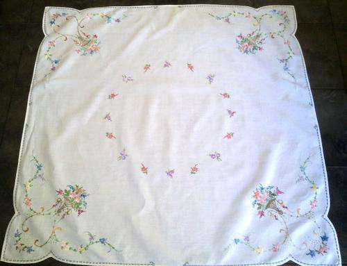 Delicately hand embroidered vintage white tea tablecloth