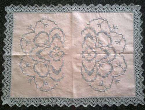 Attractive soft pink linen tray cloth with grey cross stitch
