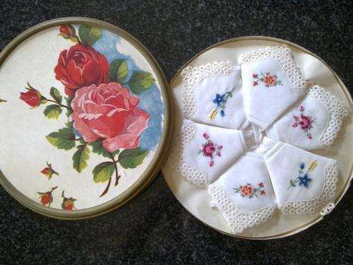 Six vintage lawn cotton ladies hankies - new in box