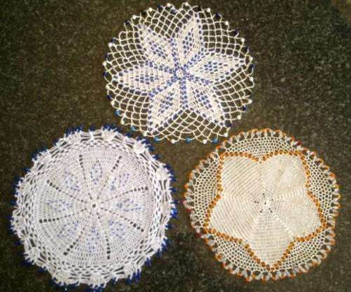 Three vintage beaded crochet doilies / jug covers