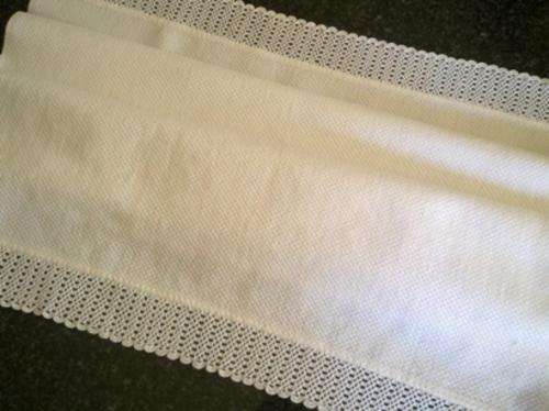 Vintage heavy cotton waffle weave hand towel with ladder crochet edge