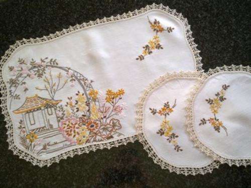 Attractive vintage hand embroidered three piece dresser set