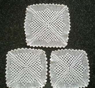 Three square white cotton crochet doilies 22cm, 20cm & 19cm