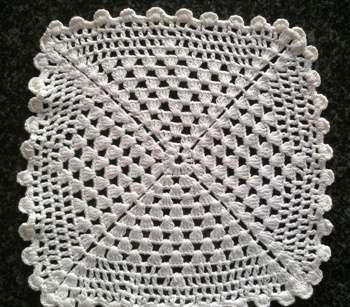 Three square white cotton crochet doilies 22cm, 20cm & 19cm