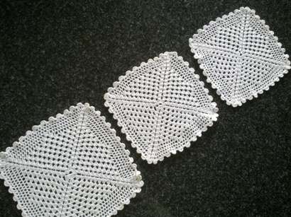 Three square white cotton crochet doilies 22cm, 20cm & 19cm