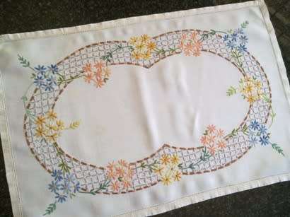 Beautiful large hand embroidered linen tray cloth
