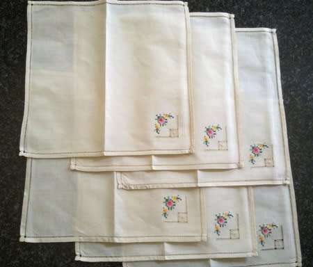 Six beautiful ivory linen hand embroidered lunch napkins