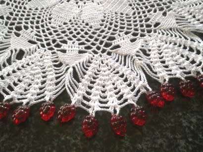Heavy large beautiful vintage glass beaded doilie with red glass grape beads