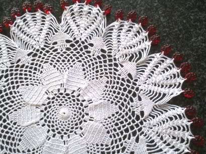 Heavy large beautiful vintage glass beaded doilie with red glass grape beads
