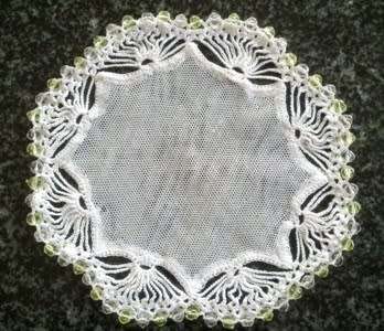 Crochet and net vintage glass beaded doilie 13cm