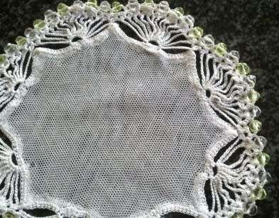 Crochet and net vintage glass beaded doilie 13cm