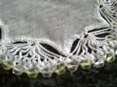 Crochet and net vintage glass beaded doilie 13cm