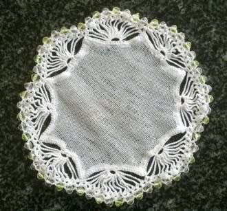 Crochet and net vintage glass beaded doilie 13cm