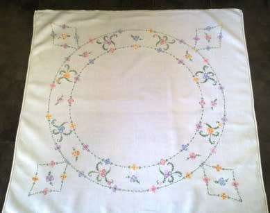 Beautiful vintage hand embroidered white linen tablecloth