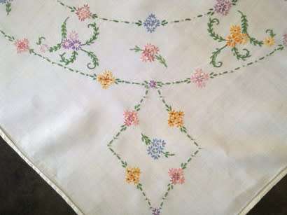 Beautiful vintage hand embroidered white linen tablecloth