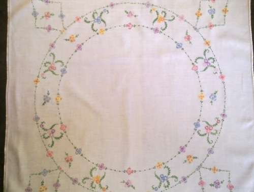 Beautiful vintage hand embroidered white linen tablecloth