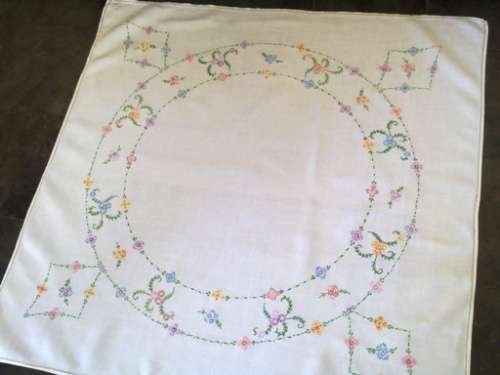 Beautiful vintage hand embroidered white linen tablecloth