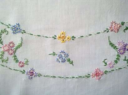 Beautiful vintage hand embroidered white linen tablecloth