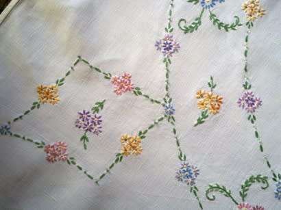 Beautiful vintage hand embroidered white linen tablecloth