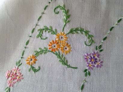 Beautiful vintage hand embroidered white linen tablecloth