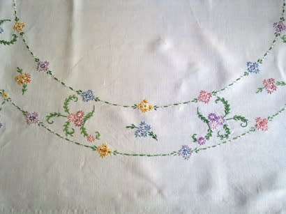 Beautiful vintage hand embroidered white linen tablecloth