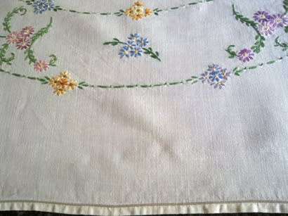 Beautiful vintage hand embroidered white linen tablecloth