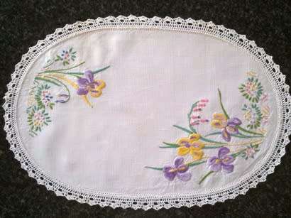 Oval white linen hand embroidered tray cloth