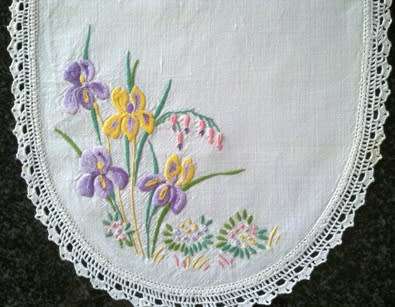 Oval white linen hand embroidered tray cloth