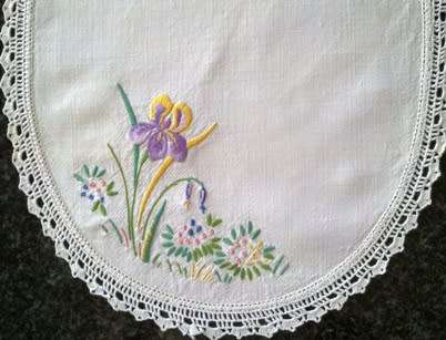 Oval white linen hand embroidered tray cloth